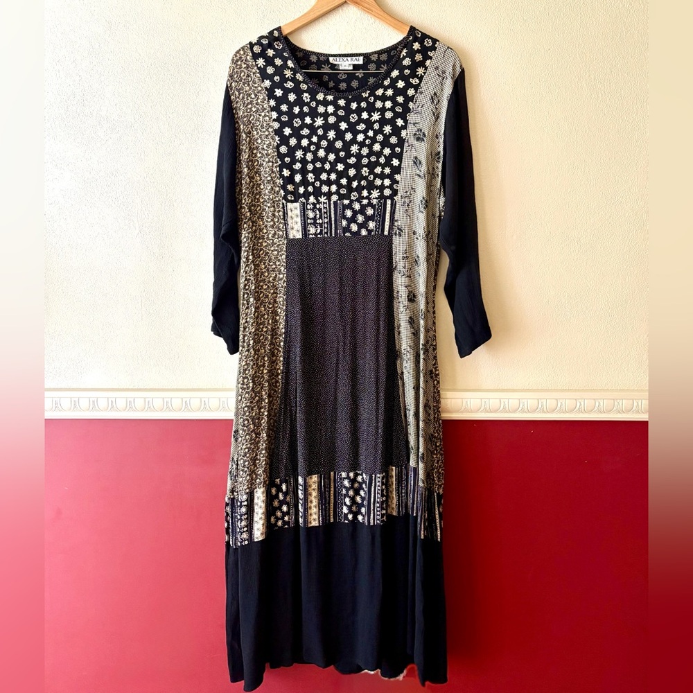 Vintage 90s Alexa Rae‎ rayon maxi patchwork print dress